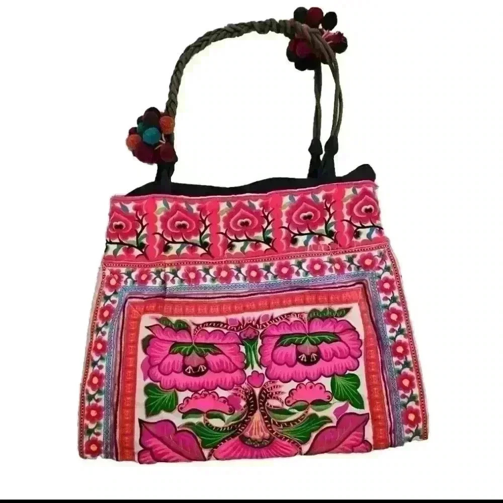 Boho Embroidered Floral Medium Colorful Tote Bag With Pompoms